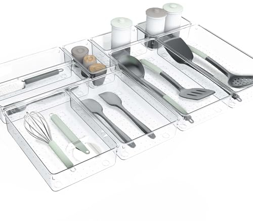 Kriovoa Paquete de 9 organizadores de cajones de cocina, bandeja de almacenamiento grande transparente con almohadillas antideslizantes, organizador de escritorio de plástico acrílico para utensilios