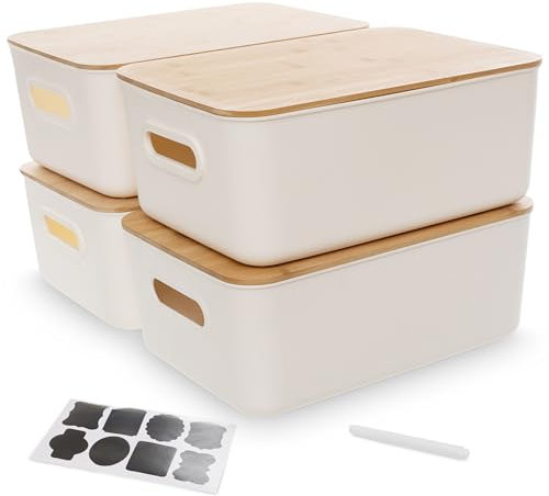 Kerhouze 4 PCS Aufbewahrungsbox Mit Holz Deckel Weiß - Kunststoff Plastik Box Für Die Organisation Stapelbar Mit Griff - Für Küche Badezimmer 38.4 * 27 * 15.2cm, 13L