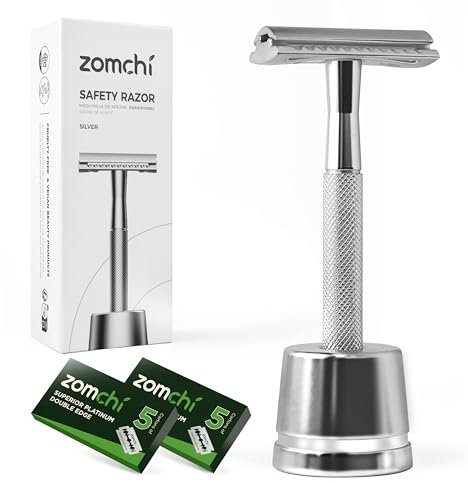 ZOMCHI Damen Sicherheitsrasierer - Wiederverwendbarer Damenrasierer mit 10 Klingen - Sicherheitsrasierer für Damen und Herren - Silber mit Halterung