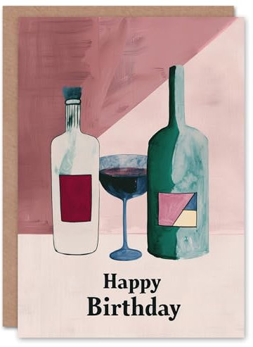 Artery8 Birthday Card Two Wine Bottles Red Wine Glass Morandi Inspired Painting For Him Her Man Woman Girl Boy Wife Husband Greeting Card