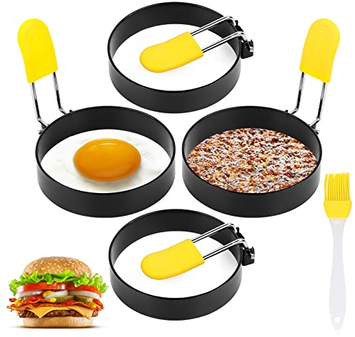 Anneau à Oeuf, 4 Pièces Anneaux D'oeuf Antiadhésifs, Moule Pancake Rond Anneaux d'Oeuf Antiadhésifs, Moule Oeuf au Plat avec Poignée, Moule Oeufs Frits Acier, Ronde Moule Oeuf de Cuisson