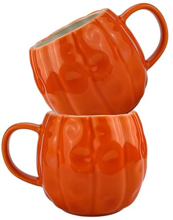 binsakao 2pcs Halloween Pumpkin Mugs, 17 OZ Large Ceramic Pumpkin Cup Halloween Mug Ceramic Pumpkin Halloween Themed Espresso Cup Drinking Cup Halloween Coffee Cups for Women Men Cute Halloween Mug