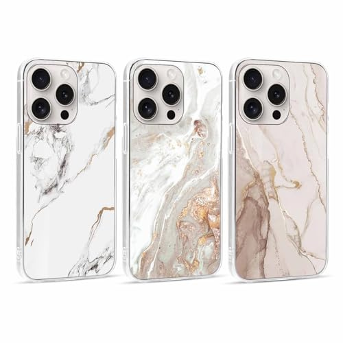 Xylota 3 Pezzi Cover per iPhone 16 Pro 6,3, Trasparente Custodia con Disegni Marmo Brillantini, Ultra Sottile Silicone Morbida TPU Bumper Antiurto Protettiva Phone Case per iPhone 16 Pro, 02