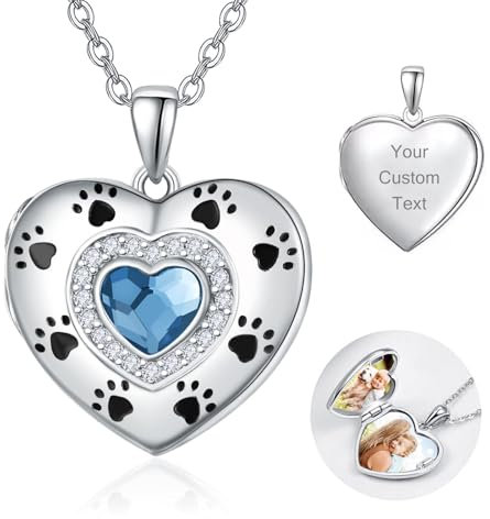KINGWHYTE Sterling Silber Personalisierte Medaillon Kette mit Eingraviertem Text und Foto Pfotenabdruck Anhänger Herz Medaillon Halskette, die Bild Fotos Geschenk für Frauen Mädchen Mutter Hält