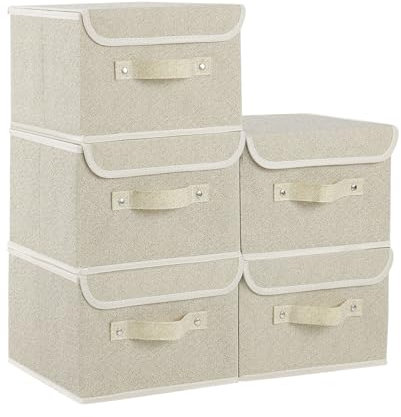 ENUMAIL 5 Stück Aufbewahrungsbox mit Deckel, Kleiderschrank Organizer Box, Faltbarer Ordnungsboxen, Boxen aus Vliesstoff mit Griff, für Würfelregal, Kleideraufbewahrung, 26×20×17cm, Grau und Beige