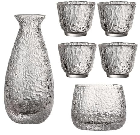 Juego de Sake de Cristal japonés, 1 Recipiente para Sake, 1 Cuenco Calentador de Sake, Juego de Sake de Cristal Mate, Juego de Sake Moderno Transparente, Vasos, 4 Vasos de Sake