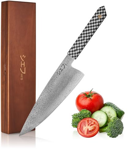 MEG Couteau de Chef Japonais Gyuto – Lame Damas haute teneur en carbone, tranchant en V professionnel 9-12°, manche en résine motif échiquier, coffret acacia – Couteau de Cuisine Premium