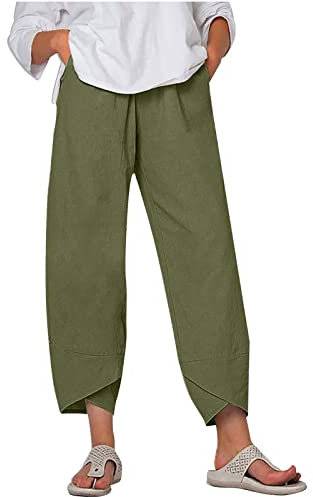 Flare Gamba Larga Gamba Lunga Gamba Taglio Stivale per Donna Estate Autunno Lino Tarassaco Floreale Pantaloni Larghi Pantaloni Donna 2025, Q-876 Verde Lime Militare, L
