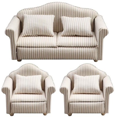 Dbvnnsy 3pcs/Set Dollhouse Couch, gestreiftes Doppel & Single 1/12 Dollhouse Schreibtischstuhl mit Kissen Sessel Sofa Wohnzimmer Puppen Haus Sessel Holzpuppenzubehör Accessoires