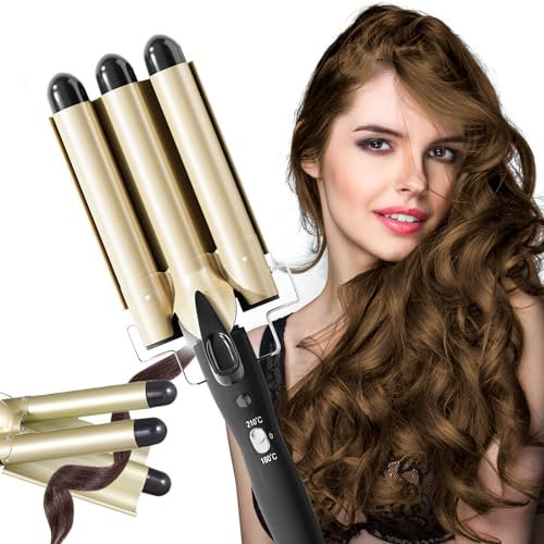 Rizador de Pelo Profesional 3 Tubo, Rizador de 3 Barriles con 2 Configuraciones de Temperatura, Rizador de Pelo de Calentamiento Rápido PTC de 25 mm para Ondas, Cabello Largo y Cabello Corto (Oro)