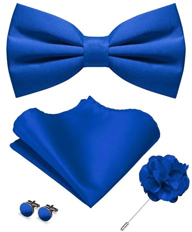 JEMYGINS Herren Matte Einfarbige Fliege mit Taschentuch Manschettenknöpfen und Ansteckblume Set Blau