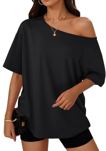 Trendy Queen Womens Off the Shoulder Tops Oversized T-Shirts Short Sleeve Tees Summer 2026 Casual Spring Clothes Workout Gym Y2k Cute Going Out Plus Size Fashion Clothing Black L