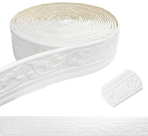 Hengrongshen Bordüre Selbstklebend Weiß, 10m x 8cm x 5mm, Wasserdicht, 3D, Fliesen Bordüre, 1 Roll Border Trims für Decken Dekoration