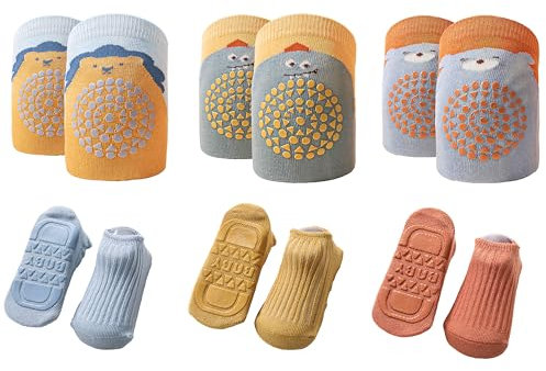 FZSECRIU 3 Paar Knieschoner Baby und 3 Paar Krabbelsocken Geeignet für 0-1 Jahre krabbelstrumpfhose baby,krabbelhose baby,krabbelhilfe