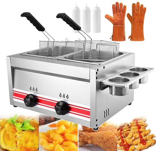 QUSYZD Freidora Comercial de Acero Inoxidable para encimera, con cestas y Tapas extraíbles, Doble Ranura para Papas Fritas, donas, Cocina, Restaurante, 20 l.,