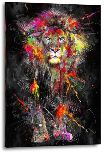 Kunstgestalten24 | Löwe Abstrakt Color Splash Leinwandbild | mit Echtholz-Keilrahmen | Leinwandbild Wandbild Kunst Art | Hochwertige Kunstdruck | Moderne Bilder | 40x60cm, 2cm Rahmentiefe