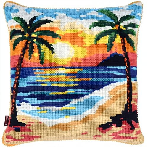 Wallphantom DIY Cuscino da Ricamare Punto Croce,Spiaggia al tramonto, palme da cocco in riva al mare,Kit Punto Croce da Ricamare 45x45cm,Prestampato Set per Cuscino Ricamato