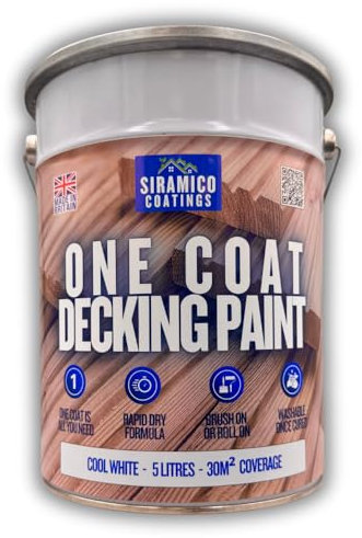 SIRAMICO COATINGS One Coat Anti-Slip Decking Paint | 5 Litres | 7 Luxury Colours I Mould & UV Resistant Formula | White - Grey - Sage Green - Black - Brick Red (White)