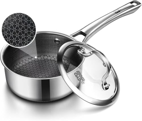Edelstahl Kochtopf 16cm 1,5L mit Deckel, Antihaft Stielkasserolle, Kochtopf Induktion, Hitzebeständiger Griff, Kochtöpfe für Alle Herdarten, Ofen- und Spülmaschinengeeignet, PFOA-frei
