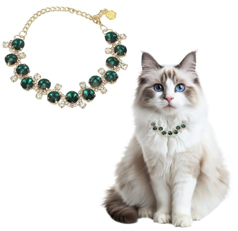 sourcing map Dog Necklace Collar, Gold Chain Pets Pearls Adjustable Crystal Rhinestones Cat Wedding Metal Collar Jewelry Accessories 12In, (Green), Intended for Teacup/Kitten/Small Pet