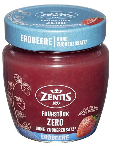 Zentis Frühstück Zero Erdbeere Fruchtaufstrich ohne Zuckerzusatz, 210g | Erdnussbutter aus 90% Erdnüssen mit Erdnussstückchen