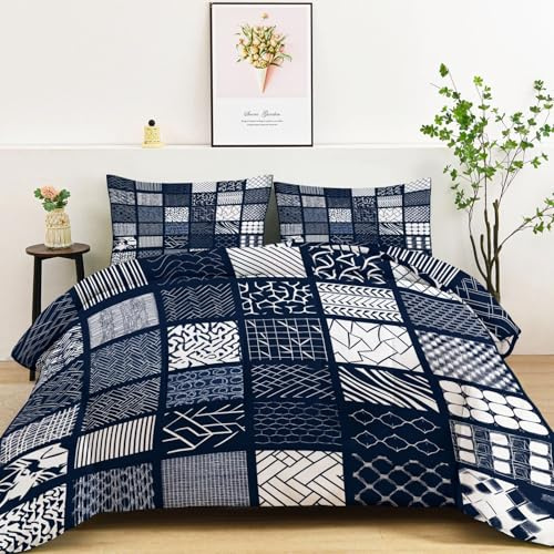 Bettdecke Blau 4 Jahreszeiten, Traditionell Geometrisch Raster Linien Leicht Weiche & warm Steppdecke für Doppelbett Einzelbett, 200 x 200 cm Waschbare Wende Daunendecke Set mit 2 Kissenbezug