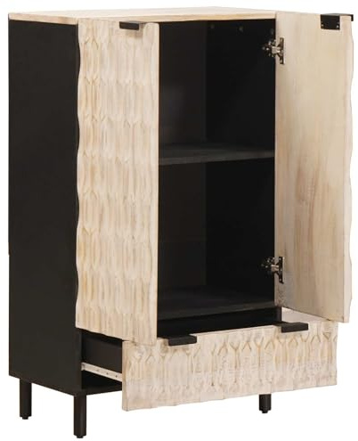 FWIKDUN Solid Mango Wood Highboard 60x33x100 cm, White Wash Finish Sideboard with Drawers, 60 cm Wide Highboard with Doors, Modern for Dining Room