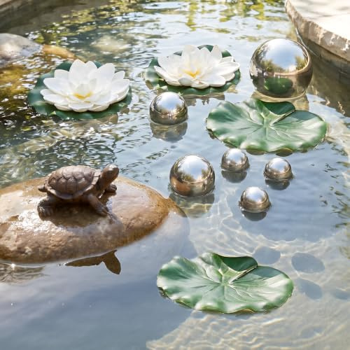 Schwimmende Teichdeko Miniteich mit Seerosen Schildkröte & Schwimmkugeln | Künstliche Schwimmtiere für Teich, Schildkröte Gartenteich Deko, Schwimmdeko Miniteich, Brunnen Deko Draußen