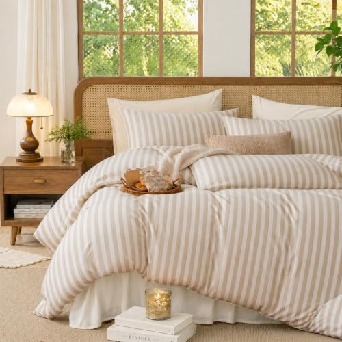Lanqinglv Bettwäsche 135x200 Beige Weiß Gestreift,ÖKO-TEX Zertifiziert | für Allergiker,Aesthetic Streifen Bettwäsche aus Mikrofaser,Weiche Bettbezug mit Reißverschluss und 1 Kissenbezug 80x80 cm