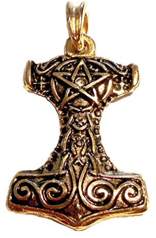 Thors Hammer Pentagram Star Pendant Necklace, Gold