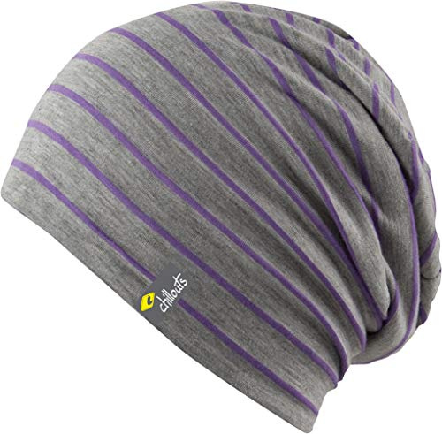 Feinzwirn Clothing leichte Long Beanie Oversize Mütze grau - gestreift - Damen Herren Mütze Unisex, 2014, Slouch (Purple-Grey)