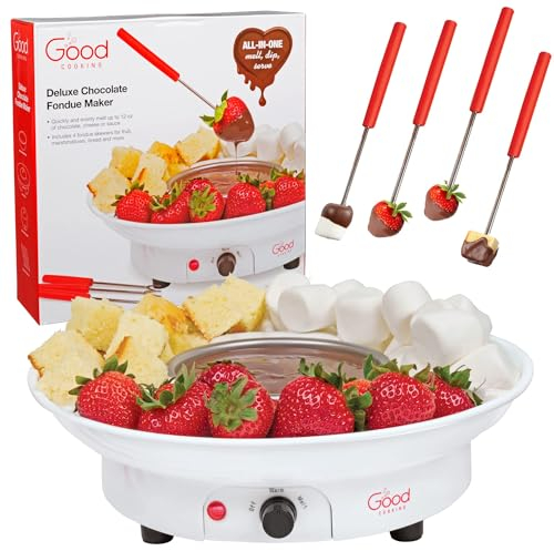 Good Cooking Chocolate Fondue Maker- Deluxe Electric Dessert Fountain Fondu Pot Set with 4 Forks and Party Serving Tray White