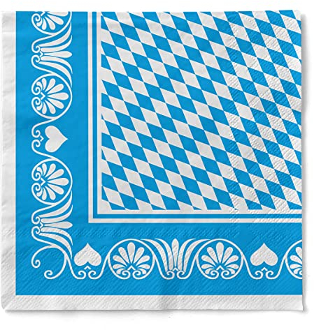 Sovie HORECA Serviette Bavaria 33 x 33 cm, 3-lagiges Tissue, 100 Stück, 1/4 Falz, Einwegservietten im Blau-Weißen Rautendesign mit Ornamentbordüre – Ideal für Oktoberfest & Events