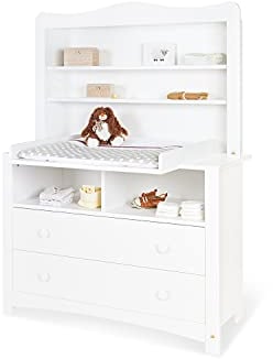 Pinolino Wickelkommode Florentina extrabreit, inkl. Regalaufsatz, abnehmbarem Wickelaufsatz und 3 Möbelknopf-Sets, für Babys und Kleinkinder, aus weißem Dekor