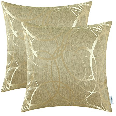 CaliTime Kissenbezüge Kissenhülle Packung mit 2 Schalen für Couch Sofa Heimdekoration modern glänzend und matt Kontrast Kreise Ringe geometrisch 40cm x 40cm Gold
