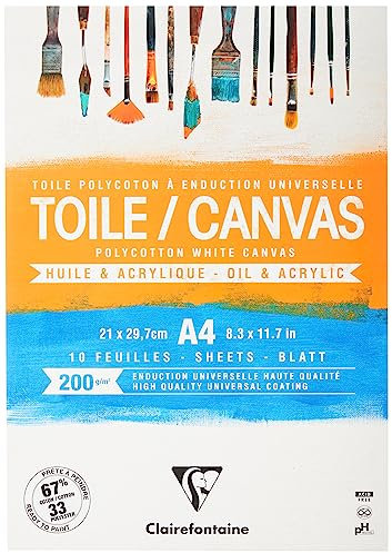 Clairefontaine 975207C - Un bloc encollé de 10 toiles prêtes à peindre 21x29,7 cm 200g, Cosmos Blanc