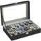 SONGMICS Porta Orologi a 12 Posti, Scatola Portaorologi, Coperchio in Vetro, Cuscini Rimovibili, Serratura, Regalo Festa del Papà, Superficie in PU Nera, Interno Grigio JWB12BK