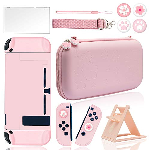 BRHE Pink Carrying Case Accessories Kit for Nintendo Switch with Protective Shell, Glass Screen Protector and Thumb Grip Caps ,10 in 1 Switch Case Travel Bundle