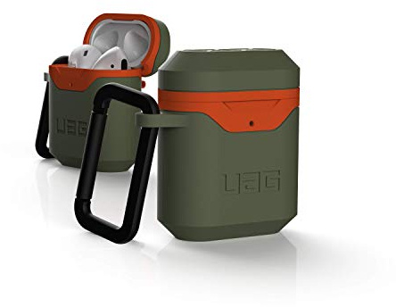 URBAN ARMOR GEAR UAG Compatible with Airpods (1st & 2nd Gen) Case Full-Body Protective Soft-Touch Silicone Case with Detachable Carabiner, Olive/Orange