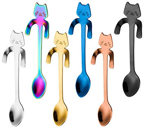 PBIEHSR Cucchiaino da caffè a forma di gatto, in acciaio inox, da appendere, due diverse lunghezze, per mescolare bevande, frappè, marmellata, set di 6 (multicolore-S)