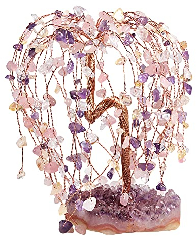 KYEYGWO 4 Farben Heilung Kristall Geldbaum auf Natürlichen Amethyst Drusensegment Rohstück Base, Stein Kristallbaum Feng Shui Bonsai Baum Figuren Edelstein Ornament für Haus Deko, Glück, Reichtum