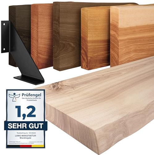 LAMO Manufaktur Wandregal Holz Baumkante | Regal Farbe: Roh | mit schwarzem Vintage Regalträger | 60 cm