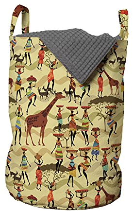 ABAKUHAUS Afrika Wäschesack, Frau Silhouette Tiere, Wäschekorb mit Griffen Kordelzugverschluss für Waschsalons, 33 cm breit x 49 cm hoch, Mehrfarbig