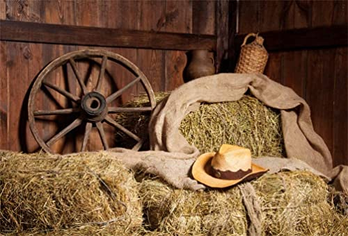 Renaiss 1.5x1m Vinyle Photographie Fond Western Cowboy Chapeau Foin Paille Roue Toile de Fond Vieille Grange Enfant Adulte Portrait Tir Décoration Toile de Fond Vidéo Photo Studio Props