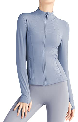 Locachy Damen-Sportjacke mit durchgehendem Reißverschluss, enge Passform, ideal für Laufen, Training und Workout, mit Taschen, Hell, blau, S