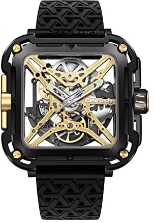 CIGA Design Automatik Uhr Herren - X Serie SUV Armbanduhr Titan Quadratisch Mechanische Skelettuhr Saphirglas mit Nylon- und Silikonarmband(Gold)