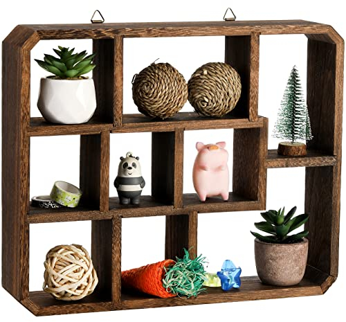 Frcctre Rustikales Schattenbox-Regal, 9 Fächer 7 x 38 x 31cm Holz Hängeregal, schwebendes Regal, mehrere Schlitze, Wandmontage oder freistehend, Bauernhaus-Dekoration