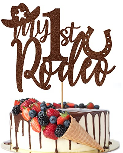 Crseniny My 1st Rodeo Cake Topper, First Birthday Cake topper | Western Little Cowboy Theme Birthday Party Cake Decorations Brown Glitter(1st)