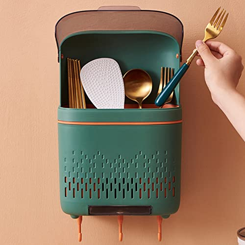mumisuto Cutlery Holder, Wall Mounted Kitchen Utensils Holder with Cover and Drip Tray, Cutlery Holder Storage Boxe Rustproof Waterproof Kitchen Spoons & Forks Organizer, 30 x 19 x 8.5cm