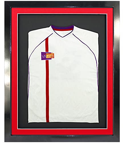 Vivarti DIY Infant 3D Mounted Sports Shirt Display Frame for Football Shirt, Rugby Shirt, Band T-Shirt Shadow Box - 40 x 50cm - Gloss Black Frame, Red Mount, Black Backing Card